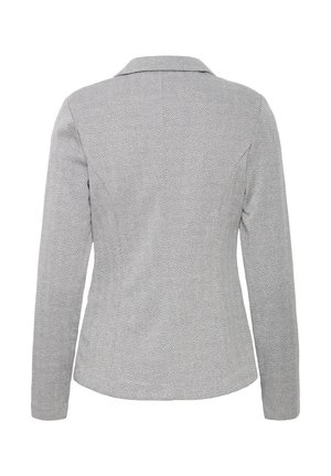 Grå hæl-udformet blazer med lange ærmer og klapkraver. Ryggen har en glat tekstur og en skræddersyet pasform, der fremhæver den strukturerede design.