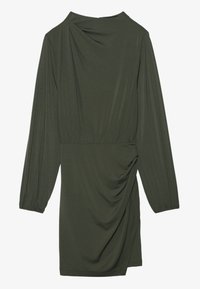 Olivengrünes Kleid mit langen Ärmeln, drapiertem Ausschnitt, gerafftem Seitendetail und weichem, glattem Stoff. Es hat eine taillierte Silhouette.