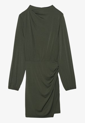 Ελιά πράσινο φόρεμα με μακριά μανίκια, draped λαιμόκοψη, συγκεντρωμένη πλευρική λεπτομέρεια και μαλακό, λείο ύφασμα. Διαθέτει εφαρμοστή σιλουέτα.