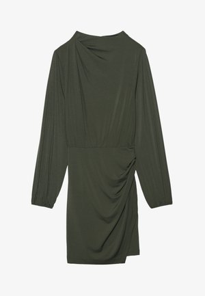 Ελιά πράσινο φόρεμα με μακριά μανίκια, draped λαιμόκοψη, συγκεντρωμένη πλευρική λεπτομέρεια και μαλακό, λείο ύφασμα. Διαθέτει εφαρμοστή σιλουέτα.