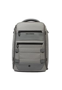 Zaino grigio con motivo geometrico, molteplici tasche con cerniera, fondo rinforzato, pannelli lavorati e manico imbottito.