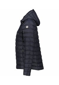 Marineblaue Steppjacke mit Kapuze, ausgestattet mit horizontaler Steppstruktur, vorderem Reißverschluss und einer Seitentasche mit glänzendem Hardware-Akzent.