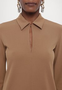 Robe marron à col avec une encolure en forme de goutte et des manches longues. Texture lisse et coutures minimales ; dotée d'un détail en métal sur le fermoir.