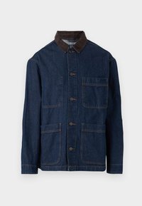 Denim jacket in dark blue with a brown corduroy collar, featuring front button closure and four pockets. Reinforced stitching visible.
