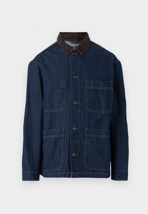 Denim jacket in dark blue with a brown corduroy collar, featuring front button closure and four pockets. Reinforced stitching visible.