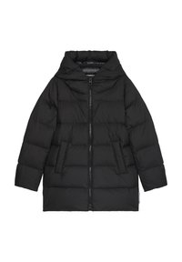 Giacca a sacco nera con cappuccio, chiusura con zip, due tasche frontali, texture trapuntata e una vestibilità leggermente oversize.