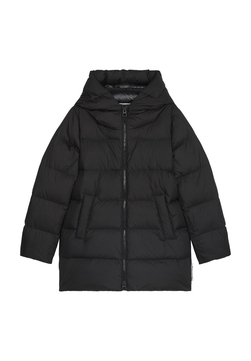 Giacca a sacco nera con cappuccio, chiusura con zip, due tasche frontali, texture trapuntata e una vestibilità leggermente oversize.