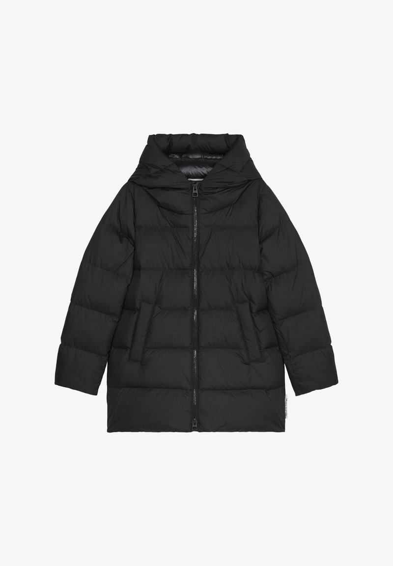 Zwarte gewatteerde jas met een capuchon, ritssluiting, twee voorzakken, geborduurde textuur en een iets oversized pasvorm.