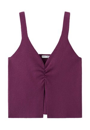 Débardeur violet en maille sans manches avec un décolleté en V profond et un détail froncé au centre devant.