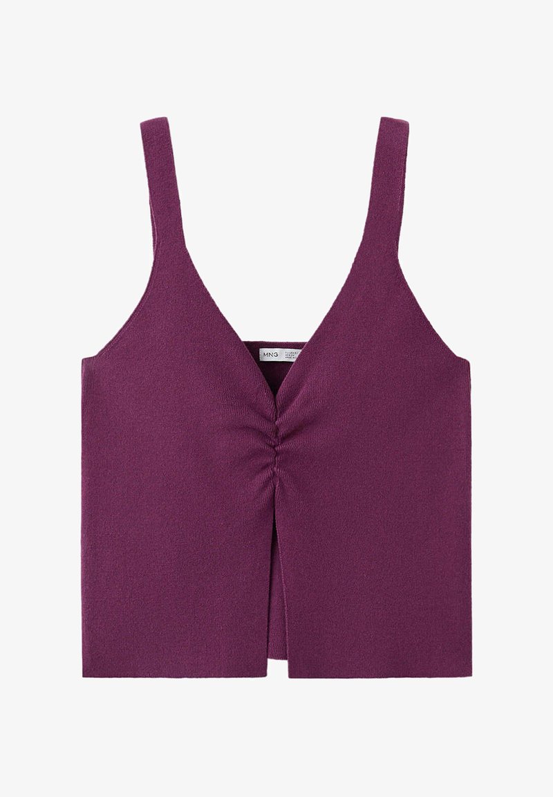 Débardeur violet en maille sans manches avec un décolleté en V profond et un détail froncé au centre devant.