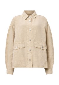 Chaqueta de mezcla de lino beige con cuello tipo solapa, cierre delantero de botones, dos bolsillos en el pecho y hombros caídos para un ajuste relajado.