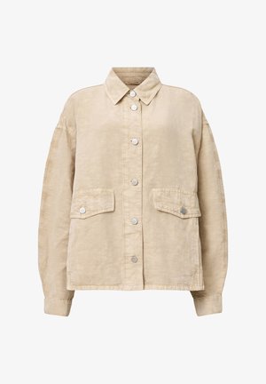 Veste en mélange de lin beige avec col, fermeture à boutons sur le devant, deux poches poitrine et épaules tombantes pour un ajustement décontracté.