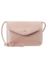 Pink faux crocodile leather handbag with a flap closure, gold hardware, and an adjustable strap. Features a textured surface.