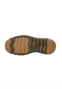 Semelle de chaussure en caoutchouc d'un olive foncé avec des rainures pour plus de traction et des accents brun clair. Présente une texture ondulée et une marque près du centre.