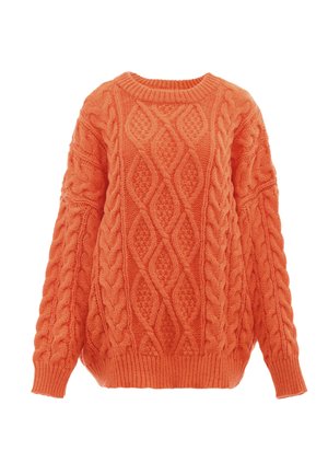 Pull en maille torsadée orange avec un col rond, des motifs texturés et des poignets et un ourlet côtelés. La laine douce et épaisse ajoute de la chaleur et de la dimension.