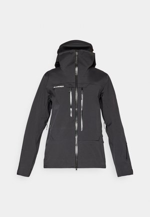 Veste imperméable à capuche noire avec plusieurs poches zippées et logo Mammut sur la poitrine, conçue pour les activités de plein air.