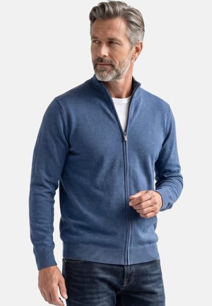 Mann mit grauen Haaren und Bart trägt einen blauen Reißverschluss-Pullover über einem weißen Hemd und dunklen Jeans und schaut leicht zur Seite.