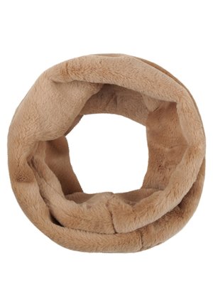 Écharpe infinity en fausse fourrure beige douce, posée à plat en forme circulaire avec une texture douce sur fond blanc.