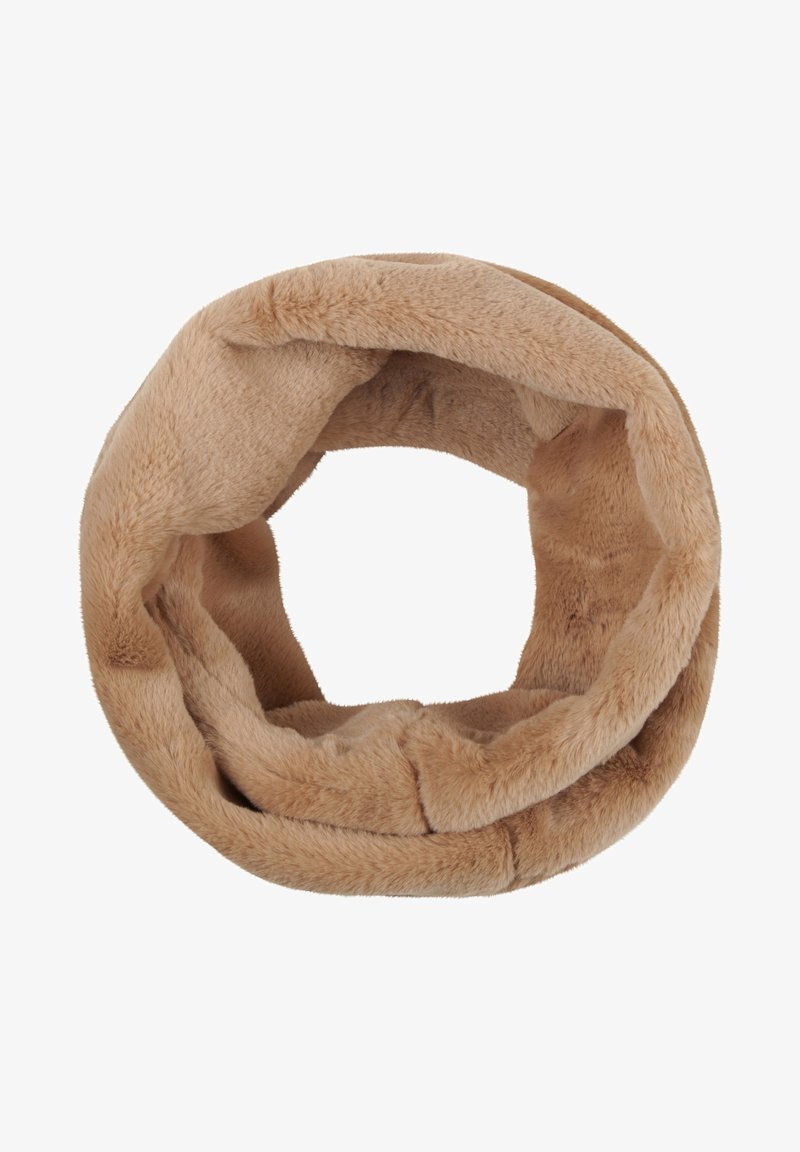 Écharpe infinity en fausse fourrure beige douce, posée à plat en forme circulaire avec une texture douce sur fond blanc.