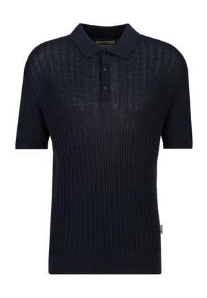 Marineblauw poloshirt met korte mouwen, geribde textuur, drieknoopsluiting en gebreide stof.
