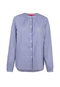 Gestreiftes langärmliges Shirt in Blau und Weiß mit rundem Halsausschnitt, Knopfleiste und gerafften Ärmelabschlüssen. Glatte Stoffoberfläche.