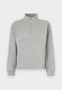 Grå zip-genser med ståkrage, laget av mykt stoff. Har lange ermer og en avslappet passform med en horisontal sømdetalj.