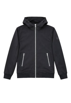 Sort hettejakke med glidelås foran, to glidelåslommer på sidene, ribbestrikkede mansjetter og hette med snor.