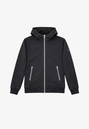 Sort hettejakke med glidelås foran, to glidelåslommer på sidene, ribbestrikkede mansjetter og hette med snor.