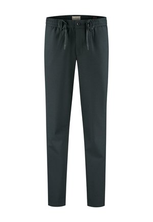 Pantaloni gri închis, confecționați dintr-un material ușor, având un brau elastic cu șnur, picioare drepte și fără modele sau accente vizibile.