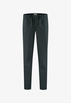 Pantalons gris foncé en tissu léger, dotés d'une taille élastique avec cordon de serrage, de jambes droites et sans motifs ni accents visibles.