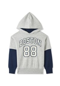Szary hoodie z granatowymi rękawami, z napisem "BOSTON 88" w wyraźnych białych literach, miękka faktura i kaptur ze sznurkiem.
