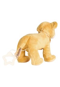 Plush toy lion in soft, yellow fur. Features a star-shaped silicone teether attached to the tail and a stitched face with round ears.