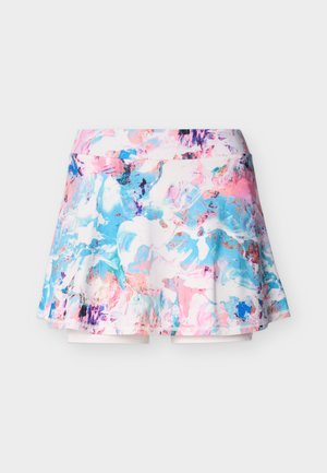 Αθλητική φούστα με φαρδιά γραμμή και ενσωματωμένα λευκά σορτς, με έγχρωμο αφηρημένο σχέδιο σε ροζ, μπλε και μοβ αποχρώσεις.