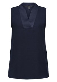 Blouse sans manches bleu marine avec un col en V et un col en tissu lisse, conçue pour les femmes, présentée sur fond blanc.