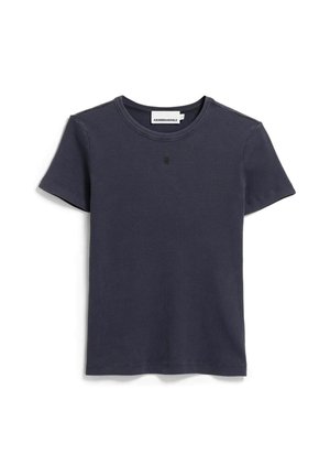 Dark gray short-sleeve ribbed cotton T-shirt with round neck and small central logo beneath neckline.