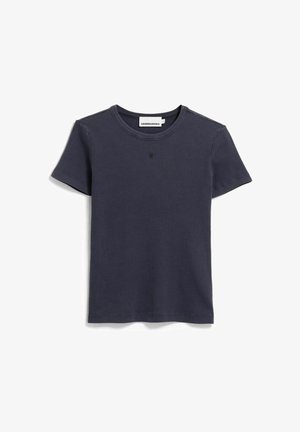 Dark gray short-sleeve ribbed cotton T-shirt with round neck and small central logo beneath neckline.