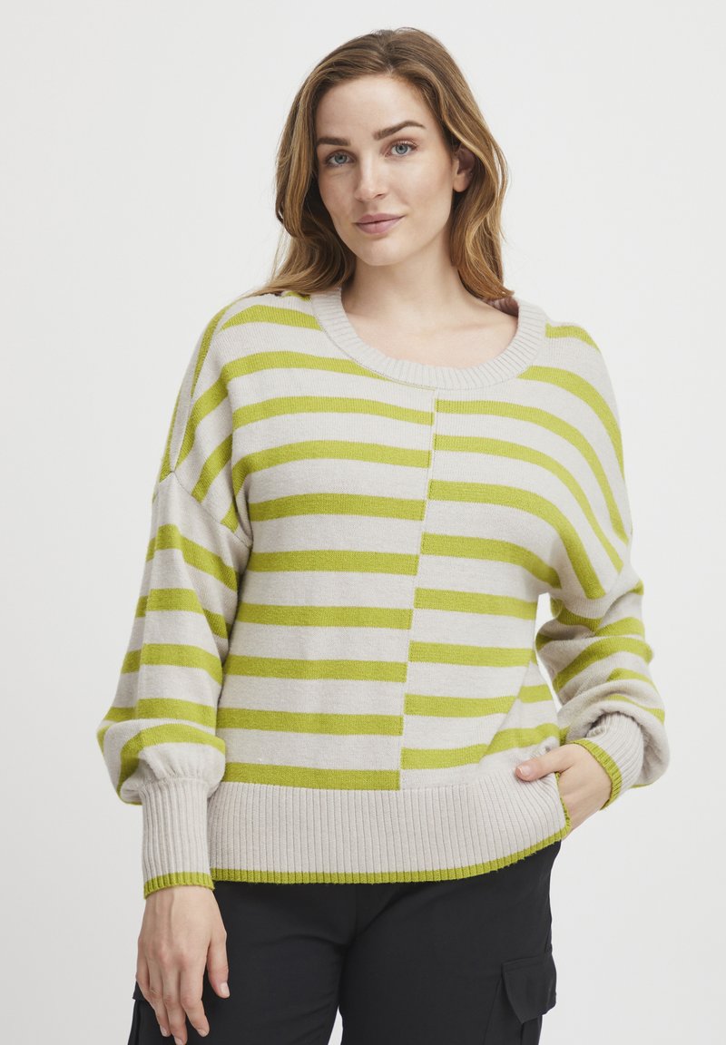 Gestreifter Pullover in Beige- und Limettengrün, mit runden Ausschnitt und gerippten Bündchen und Saum. Weiches Strickmaterial, lockere Passform.