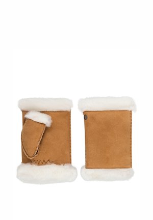 Brown suede mittens with white fur trim, featuring a fold-over design and a flap for thumb access. Smooth texture with minimal stitching.