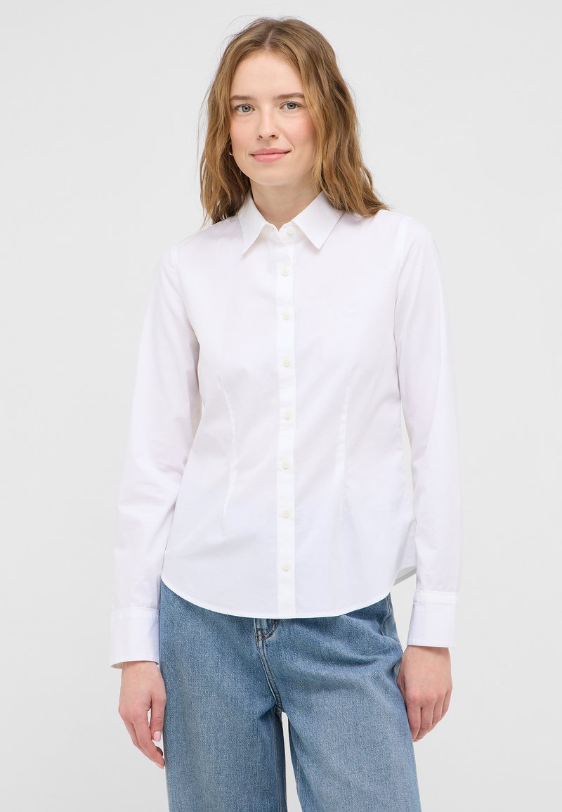White button-up shirt made of smooth cotton fabric, featuring a classic collar, long sleeves, and a straight fit with a subtle logo on the chest.