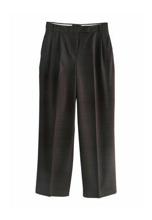 Dark plaid high-waisted trousers with a relaxed fit, featuring pleats, a smooth texture, and a waistband with loops for a belt.