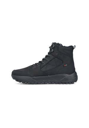 Black high-top winter boot with textured sole, lace-up front, padded ankle, and R-TEX waterproof fabric panel.