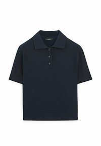 Marineblaues kurzes Strick-Poloshirt mit Kragen und dreiknöpfiger Knopfleiste, mit Rippbündchen an Ärmeln und Saum.