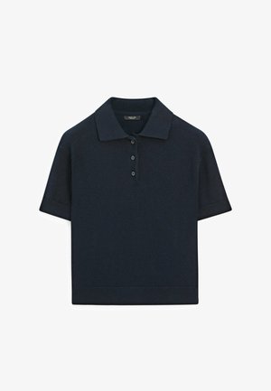 Navy blue short-sleeve knit polo shirt with a collar and three-button placket, ribbed cuffs, and hem.