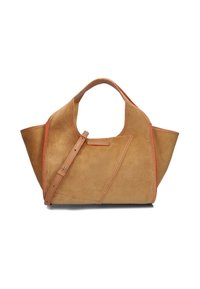 Tan suède handtas met een gestructureerd, hoekig ontwerp, voorzien van contrasterende oranje stiksels en een afneembare schouderband.