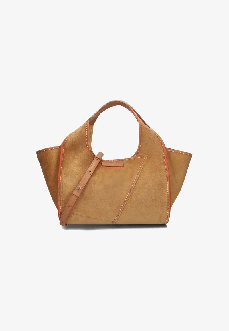 Tan suede handbag with a structured, angular design, featuring contrasting orange stitching and a detachable shoulder strap.