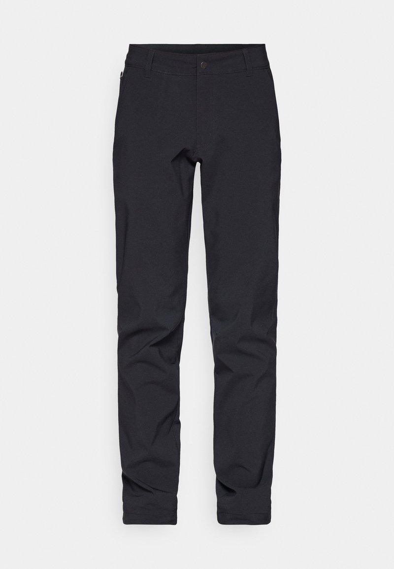 Schwarze, schmal geschnittene Hosen mit glatter Textur, Reißverschlusstasche und klassischem Knopfverschluss. Geeignet für legere oder semi-formelle Anlässe.