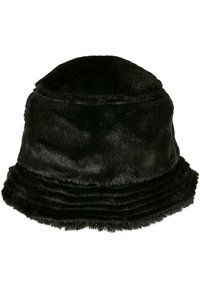 Pălărie de tip bucket din blană sintetică neagră, având o textură moale, o coroană rotundă și o margine lată, cu fante. Potrivită pentru ținute casual.