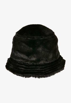 Cappello a secchiello in pelliccia sintetica nera con una texture morbida, corona arrotondata e un ampio bordo a coste. Adatto per un look casual.