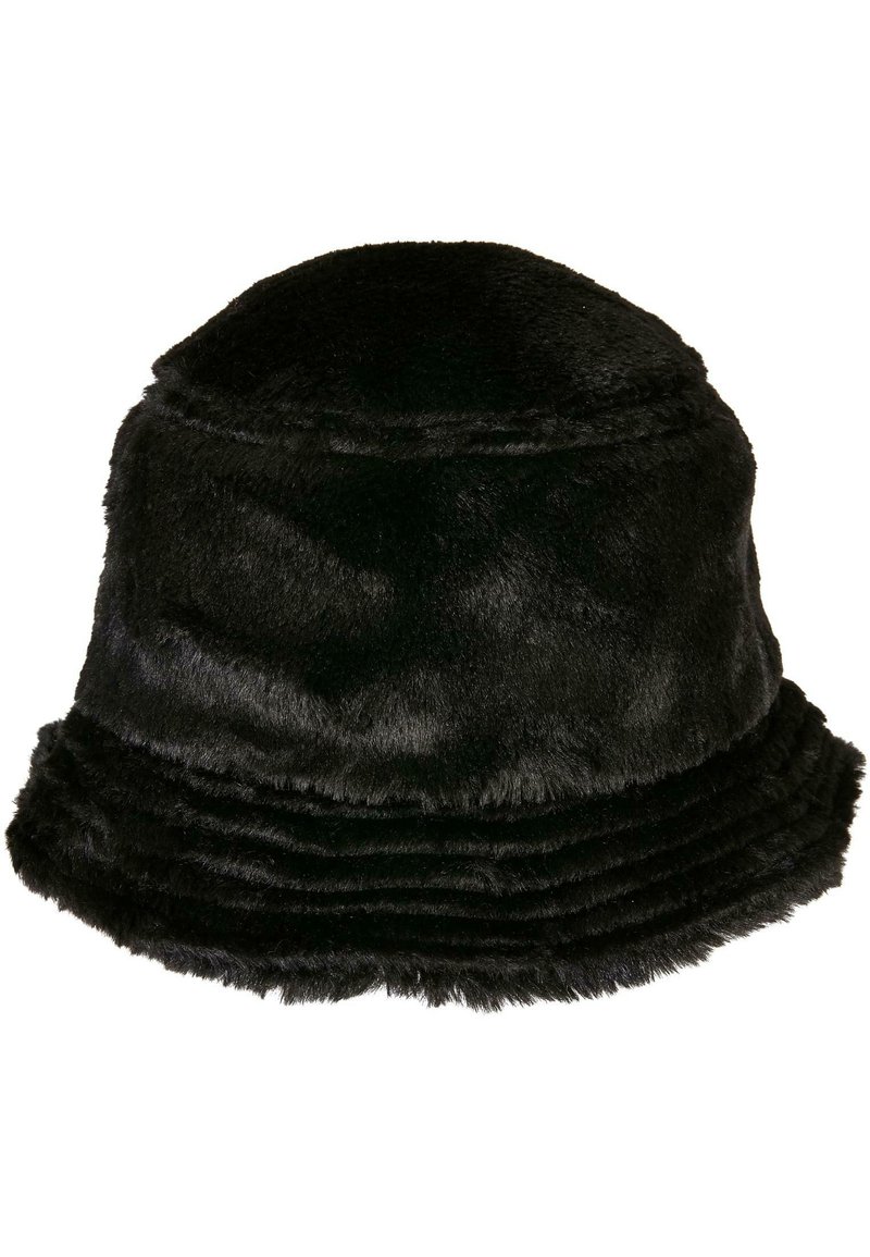 Pălărie de tip bucket din blană sintetică neagră, având o textură moale, o coroană rotundă și o margine lată, cu fante. Potrivită pentru ținute casual.