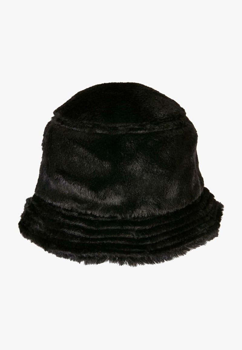 Chapeau seau en fausse fourrure noire avec une texture douce, une couronne arrondie et un large bord côtelé. Convient pour un look décontracté.